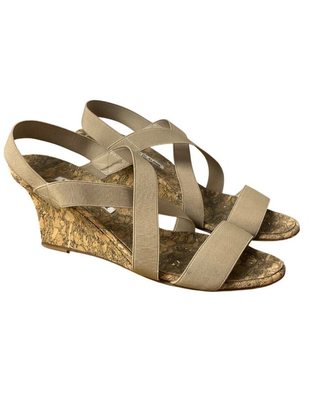 Manolo Blahnik Terwe Elastic Cork Open Toe Criss Cross Wedge Sandals Sz 39.5 (EU